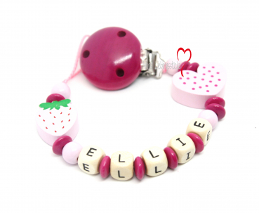 Schnullerkette mit Namen Mädchen personalisiert Erdbeere mit Herz